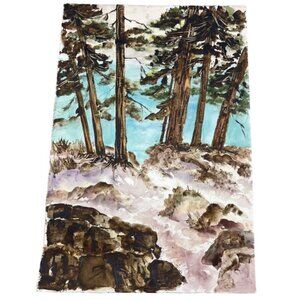Watercolor Landscape Painting On Heavy Paper forest trees lake brown blue READ